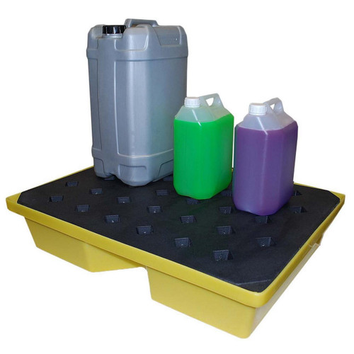 Romold 43 Litre Drip Spill Tray With Mesh Grid ST40, a yellow and black spill containment tray with a mesh grid for chemical bottles.