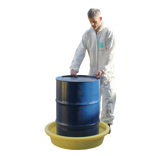 Romold BT50 50 Litre Drum Drip Spill Tray, a large yellow spill tray with a blue drum placed on top, used for containing and preventing leaks or spills of hazardous liquids.