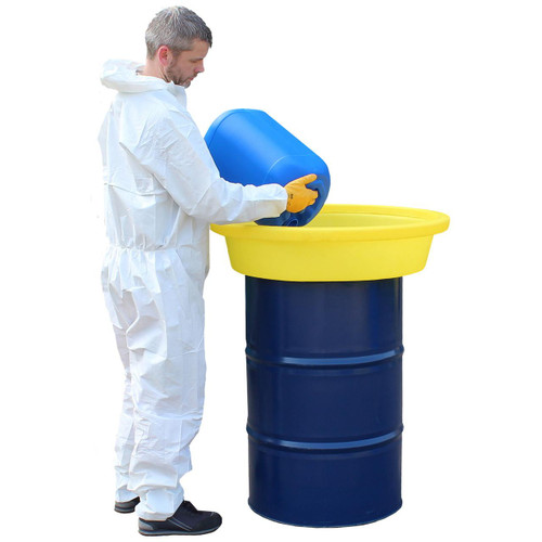 Romold BT75 Tray & Debris Strainer For 205ltr Drums, a person in white protective suit pouring contents from a blue container into a yellow tray mounted on a blue drum.