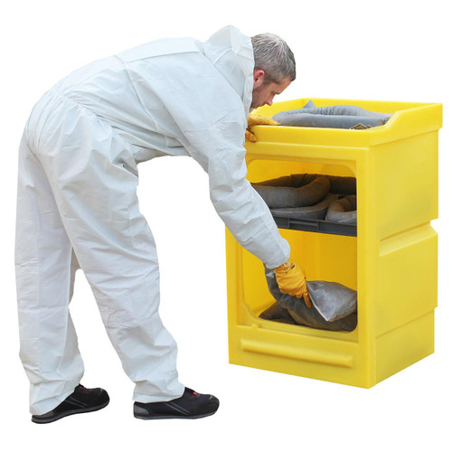 Romold PWS 980mm High Small Open Front Bunded Storage Cabinet, yellow hazardous material storage cabinet with open front compartments containing protective storage bags.