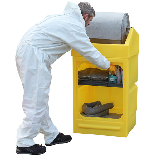 Romold PDS Small Open Front Bunded Storage Cabinet Inc Roll Holder, yellow storage cabinet with open front design, containing tools, supplies, and a roll holder on top for safety and organization.
