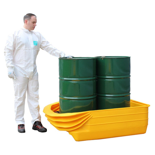 Romold 2 Drum Pallet Converter Bund PALCON2, a safety container system with a yellow spill containment pallet and green drums, used for secure storage and transportation of hazardous materials.