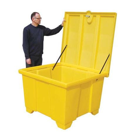 Romold 600 Litre Commercial Tote Storage Container Bin GPSC1, yellow heavy-duty plastic storage bin with an open lid and a person standing beside it.