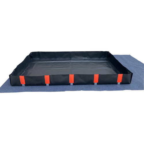 Romold EB4 937ltr 2500x1500x250mm Portable Collapsible PVC Bund, collapsible black PVC containment bund with red straps on a blue surface.