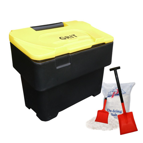 Excelsior 115 Litre 125kg 3.5 Cu Ft Part Recycled Grit Bin With 100kg Salt, black and yellow grit bin with a lid labeled 'GRIT' and a bag of de-icing salt alongside red snow shovels.