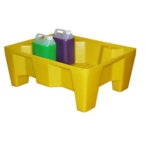 Romold 70 Litre Drip Spill Tray On Legs ST70, yellow plastic spill tray with elevated legs and bottles of cleaning liquids inside.