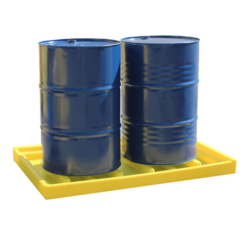 Romold 2 Drum Bunded Low Profile Spill Tray 145ltr Sump TTHD, image showing two blue drums placed on a yellow spill containment pallet.