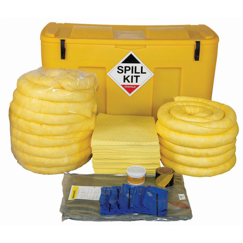 Fentex 250 Litre Chemical Spill Kit In Locker Box CSKJ, fully assembled yellow hazard spill response kit with absorbent pads, hoses, tape, and accessories for chemical spill containment and cleanup.