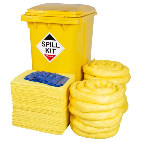 FyterTech 360 Litre Chemical Spill Kit In Wheelie Bin, yellow spill response kit with absorbent pads, and booms for hazardous chemical spill containment and clean-up.