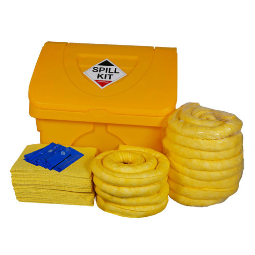 Fentex 200 Litre Chemical Spill Kit In Locker Box CSKE, yellow spill containment kit with absorbent pads, coiled absorbent socks, and a sturdy locker box for chemical spill response.