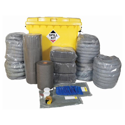 FyterTech 1100 Litre General Use Spill Kit In Wheeled Bin GSKI, large yellow wheeled spill kit containing various absorbent materials such as rolls, pads, and socks in grey and blue, designed for comprehensive spill control and containment.