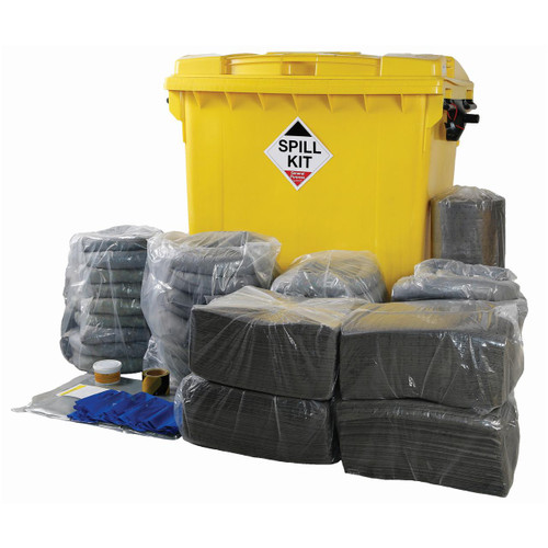 FyterTech 770 Litre General Use Spill Kit In Wheeled Bin GSKT, a large yellow wheeled bin with spill kit label, surrounded by black absorbent pads, gloves, tapes, and other spill containment and cleanup supplies.