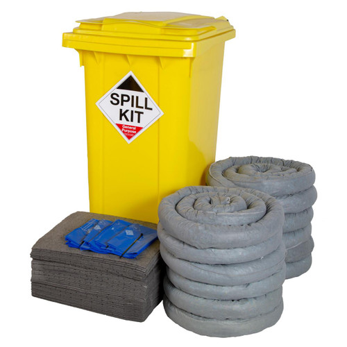 FyterTech 240 Litre General Use Spill Kit In Wheelie Bin GSK240, yellow wheelie bin with spill kit label, along with rolled absorbent socks and pads for spill containment and cleanup.