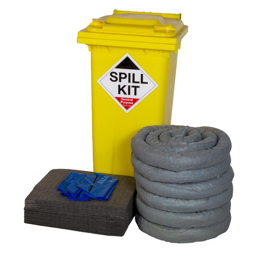 Fentex 120 Litre General Use Spill Kit In Wheelie Bin GSK120, yellow wheeled bin with hazard label, coupled with absorbent pads, thick grey absorbent socks, and blue disposal bags for spill containment and cleanup.
