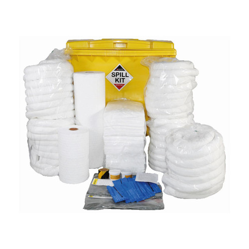 Fentex 1100 Litre Oil & Fuel Spill Kit In Wheeled Bin OSKI, complete spill response kit with absorbent pads, rolls, and accessories for oil and fuel spills in a mobile yellow wheeled bin.