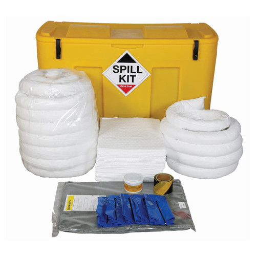 Fentex 250 Litre Oil & Fuel Spill Kit In Locker Box OSKJ, yellow spill containment storage box with spill response equipment including absorbent pads, booms, containment socks, and spill markers for oil and fuel leak cleanup.