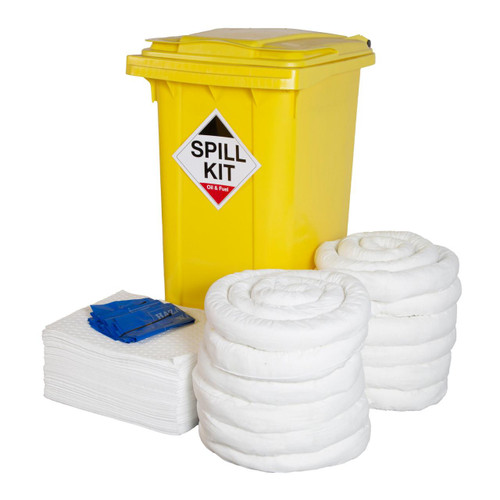 Fentex 240 Litre Oil & Fuel Spill Kit In Wheelie Bin OSK240, yellow spill response kit with absorbent pads, coiled absorbent socks, and a wheelie bin for oil and fuel spill containment and cleanup.
