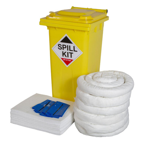 Fentex 120 Litre Oil & Fuel Spill Kit In Wheelie Bin OSK120, yellow wheelie bin with spill kit contents including absorbent pads, socks, and a white rolled absorbent material for oil and fuel spill cleanup.