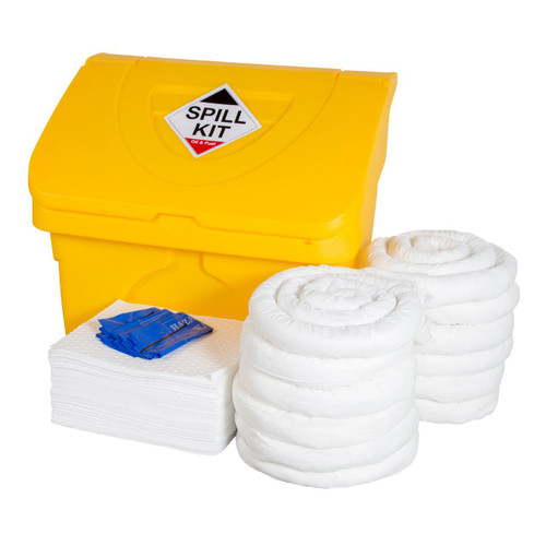 Fentex 200 Litre Oil & Fuel Spill Kit In Locker Box OSKE, yellow spill containment kit with absorbent pads, tubes, and a storage locker for oil and fuel spill cleanup.