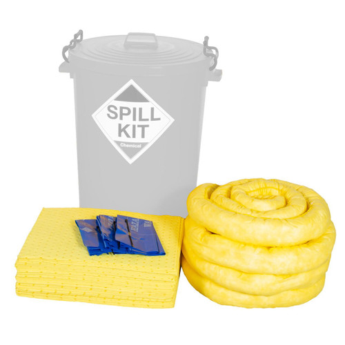 Fentex Refill For 90Ltr Chemical Spill Kit Inc Plastic Bin CRF90, refill pack with yellow absorbent coils, yellow pads, and blue disposal bags for chemical spill containment.