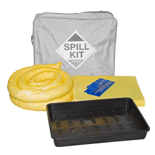 Fentex Refill For 50Ltr Chemical Spill Kit Shoulder Bag & Drip Tray CRF50DTI, spill kit accessories including yellow absorbent material, blue spill pads, and black drip tray for chemical containment.