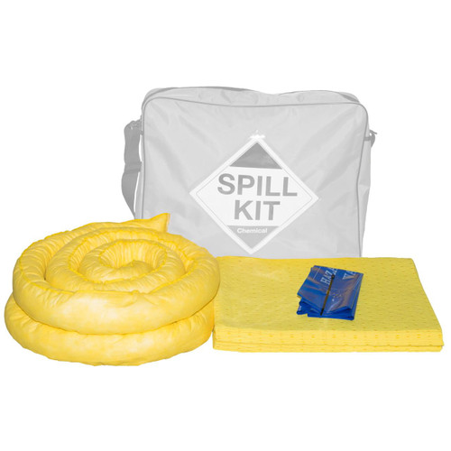Fentex Refill For 50Ltr Chemical Spill Kit In Shoulder Bag, yellow absorbent spill padding, blue spill containment bags and a shoulder bag for chemical spill response.