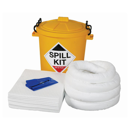 Fytertech 80 Ltr Oil & Fuel Spill Kit In Lidded Plastic Bin OSK6, spill response kit with absorbent pads, containment socks, and a yellow lockable plastic storage container for oil and fuel spill cleanup.