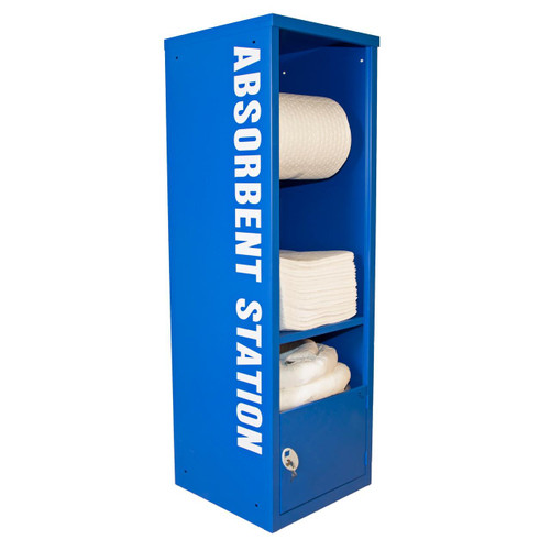 Fentex Absorbent Oil & Fuel Spill Kit Station AECOO, blue spill control station with absorbent materials including pads and rolls for oil and fuel spills.