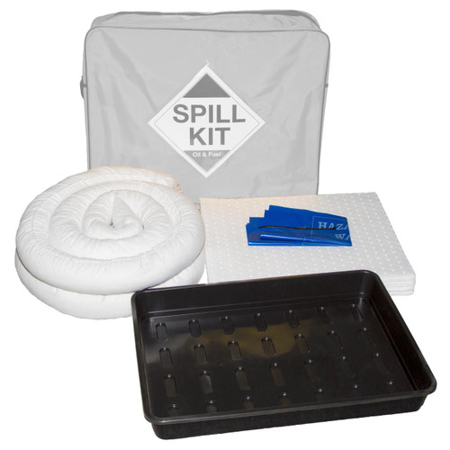 Fentex Refill For 50Ltr Oil & Fuel Spill Kit In Shoulder Bag & Drip Tray, refill set with absorbent pads, spill containment tray, disposal bags, and shoulder bag for oil and fuel spill management.
