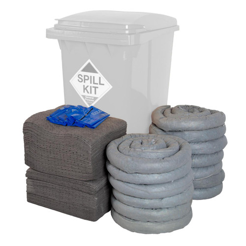 Fentex Refill for 360Ltr General Use Spill Kit In Wheelie Bin GRF360, spill containment and cleanup supplies in a white wheelie bin with absorbent pads, socks, and blue disposal bags.