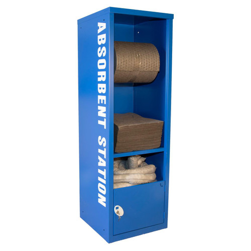 Fentex General Use Absorbent Spill Kit Station AECGP, blue outdoor spill response station with absorbent pads and materials inside.