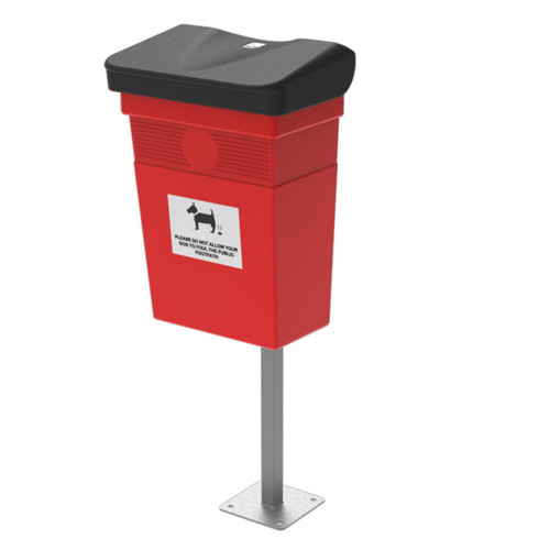 Leafield 50L Regent Dog Waste Bin Post / Wall Mount, red and black dog waste bin mounted on a metal post with a black lid and a label showing a dog icon.