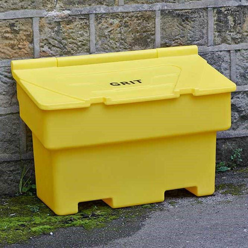 Excelsior 'Seconds' 200 Litre 7 Cu Ft 250kg Grit Salt Storage Bin, bright yellow plastic storage container with a lid labeled 'GRIT' for storing grit salt for winter road maintenance.