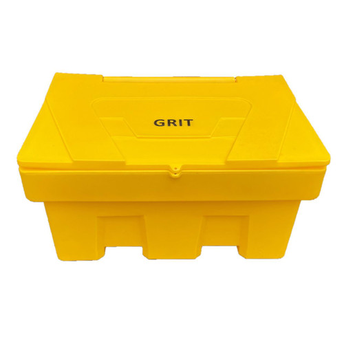 Excelsior 'Seconds' 350 Litre 12 Cu Ft 400kg Grit Salt Storage Bin, yellow plastic grit salt storage bin with secure lid and sturdy base for outdoor salt storage.
