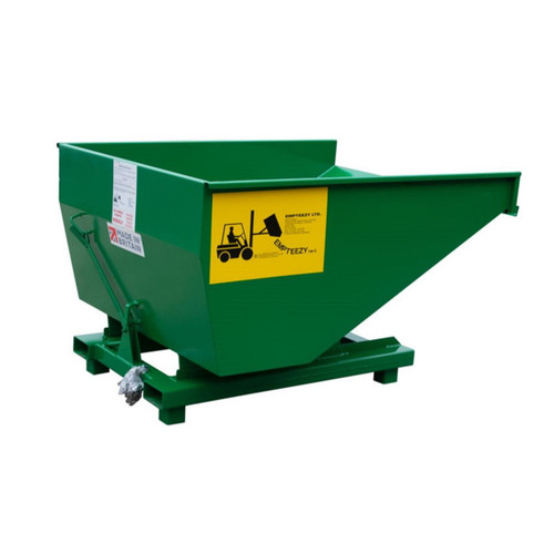 Emtez Construction Site Roll Forward Skip - CSRFS11, green heavy-duty skip container with yellow safety label and made in Britain tag.