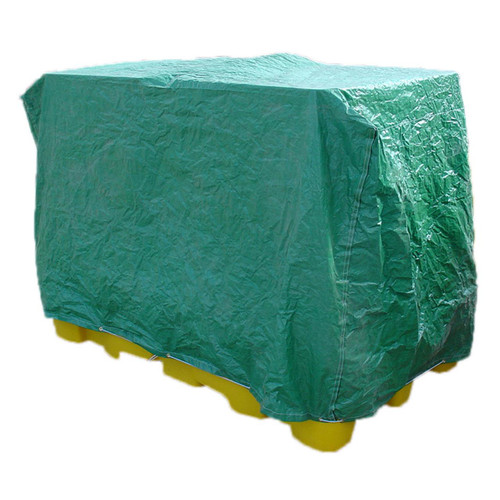 Fentex Double IBC Bund Flexible Rain Cover BBC2-RC, green waterproof cover protecting large industrial containers from rain and weather elements.