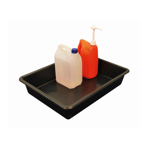 Romold 28 Litre General Use Drip Spill Tray TT28, black spill tray with two bottles of cleaning liquids placed inside for storage and spill containment.
