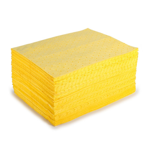 FyterTech 200 Single Weight Chemical Absorbent Pads 60L, a large stack of yellow absorbent pads with perforations, arranged for spill clean-up.