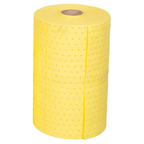 Fentex Twin Pack Yellow Chemical Absorbent Roll 48cm x 40m 90 Litre, image showing a large yellow roll of chemical absorbent material with perforations for easy tearing.