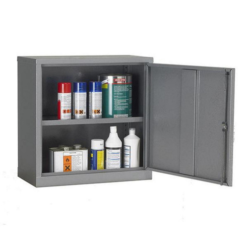 Emtez COSHH Hazardous Liquid Cabinet L609 x W305 x H609mm, a gray metal storage cabinet for hazardous liquids with two shelves and a lockable door, containing various chemicals and liquids for safety and storage in industrial or laboratory settings.