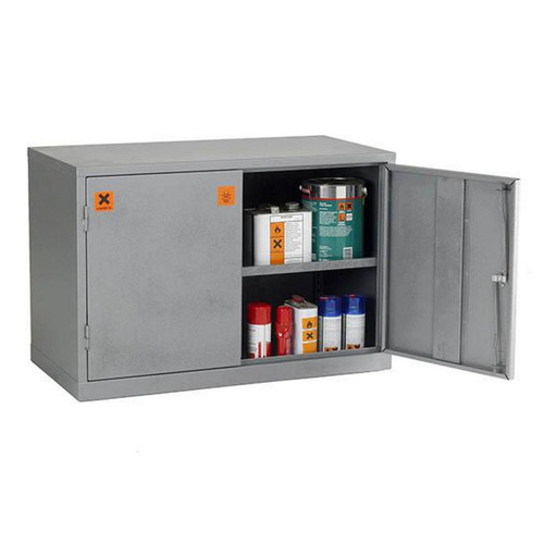 Emtez COSHH Hazardous Liquid Cabinet L915 x W457 x H609mm, gray metal storage cabinet for hazardous liquids with lockable door and adjustable shelves.