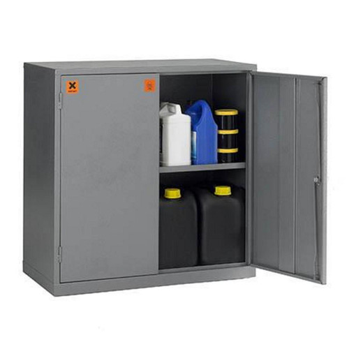 Emtez COSHH Hazardous Liquid Cabinet L915 x W457 x H915mm, metal storage cabinet for hazardous liquids with two shelves containing bottles and containers, safety labels on doors.