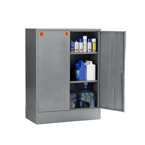 Emtez COSHH Hazardous Liquid Cabinet L915 x W457 x H1219mm, metal hazardous liquid storage cabinet with two sliding doors, designed for chemical storage, featuring open shelves holding chemical bottles and containers.