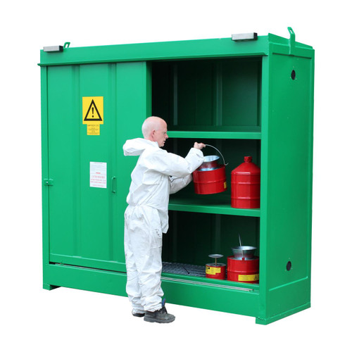 Empteezy CS3 Chemstor Storage Cabinet L3000mm W1500mm H2403mm, industrial chemical storage cabinet in green with safety labels, containing red chemical drums, used for hazardous material containment.