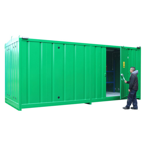 Empteezy CS6 Walk In Chemstor Storage Cabinet Holds 108 Containers, green storage cabinet with open door and a person operating a control valve