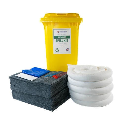 Fytertech 120 Litre Recycled Spill Kit In Wheelie Bin, yellow wheelie bin with spill kit contents including folded absorbent pads, coiled absorbent socks, and stone-like absorbent material for spill containment and clean-up.