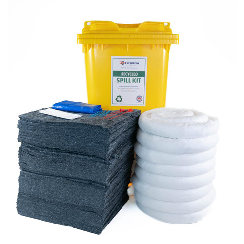FyterTech 240 Litre Recycled Spill Kit In Wheelie Bin, yellow spill kit with absorbent pads, socks, and equipment for containing and cleaning hazardous spills.