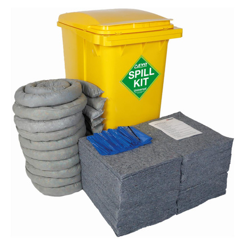 Fentex 360 Litre Evo Recycled Spill Kit In Wheelie Bin SK360, yellow wheelie bin with spill kit supplies including absorbent mats, socks, and barriers for spill containment and cleanup.