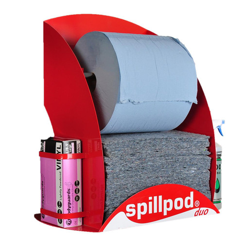 Fentex Duo Evo Recycled Spill Pod Dispenser Station S2001, red and gray waste disposal and spill control station with rolls of absorbent material and cleaning supplies.