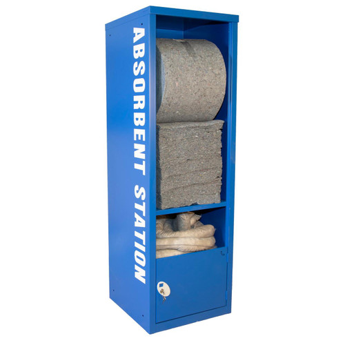 Fentex Evo Recycled Absorbent Spill Kit Station AEC, blue spill response storage cabinet with absorbent mats, spill absorbent socks, and spill containment supplies inside.